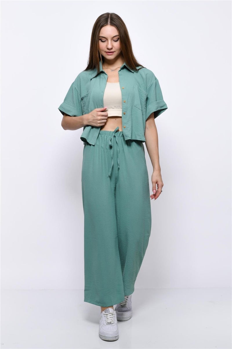 Nuseel Aerobin Crop Shirt Elastic Waist Trousers 2 Piece Set Water Green - Image 4