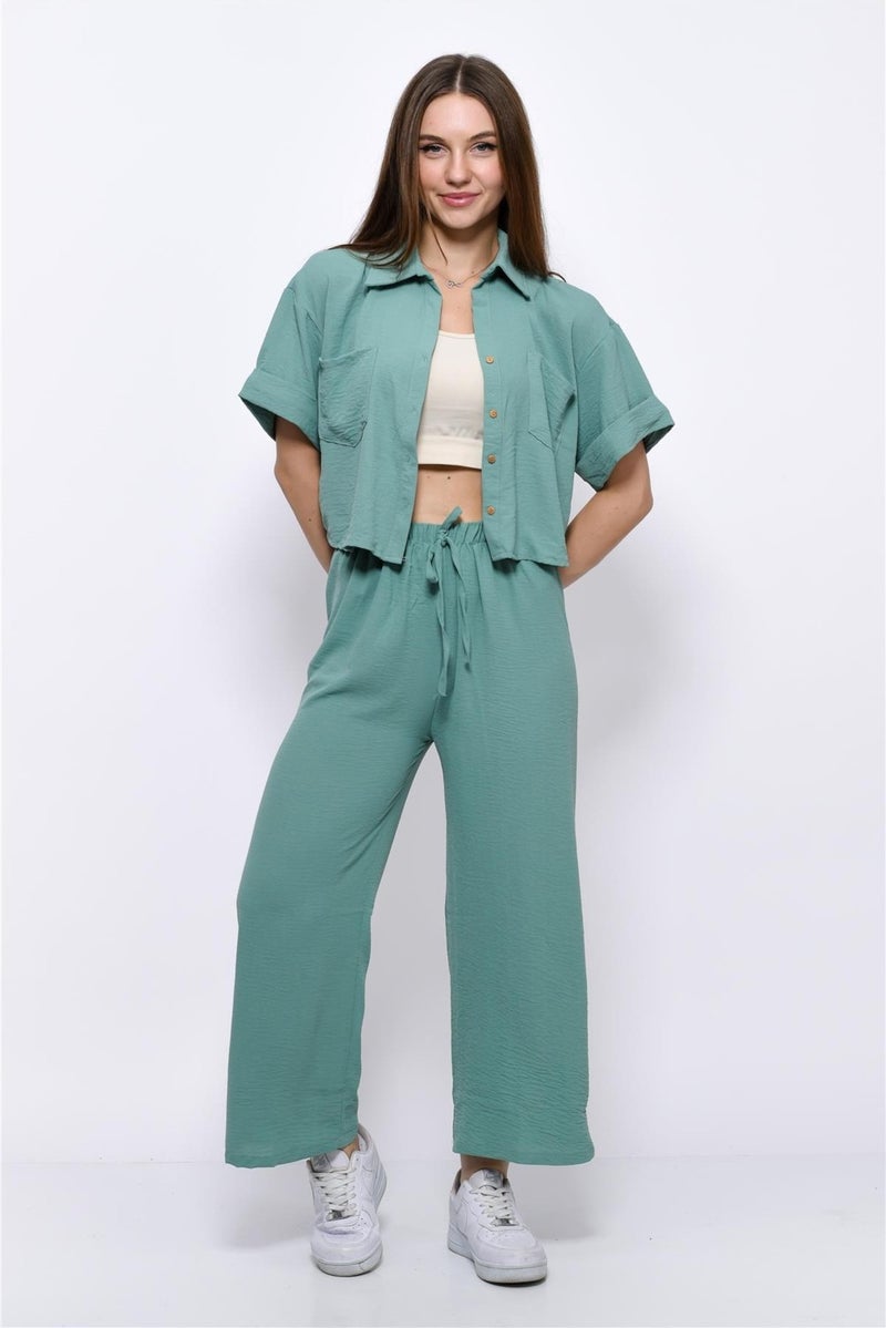 Nuseel Aerobin Crop Shirt Elastic Waist Trousers 2 Piece Set Water Green - Image 3