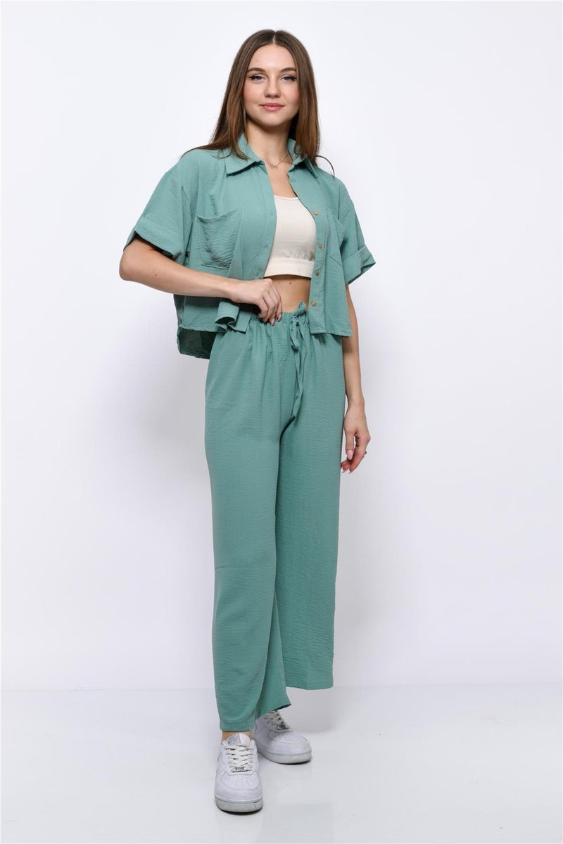 Nuseel Aerobin Crop Shirt Elastic Waist Trousers 2 Piece Set Water Green - Image 5
