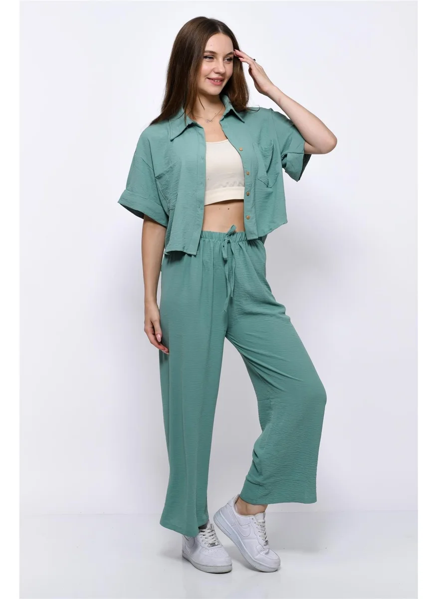 Nuseel Aerobin Crop Shirt Elastic Waist Trousers 2 Piece Set Water Green