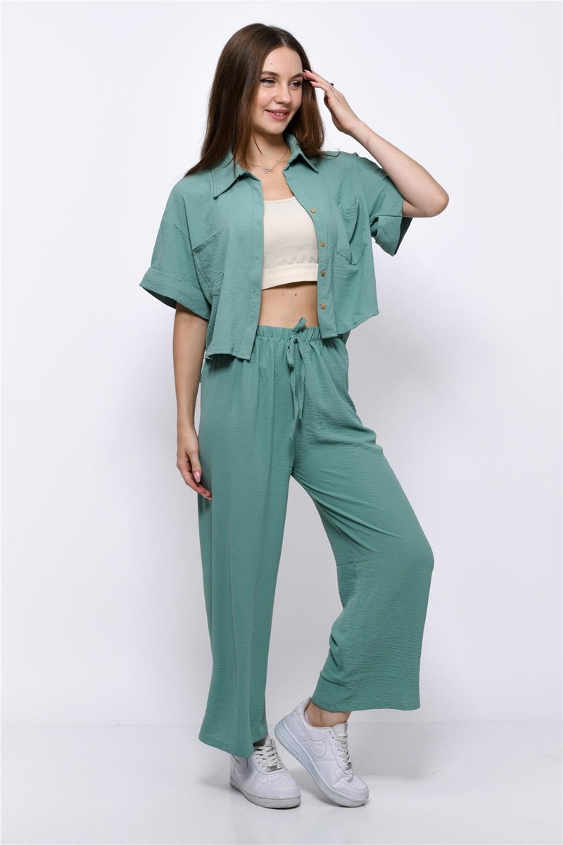 Nuseel Aerobin Crop Shirt Elastic Waist Trousers 2 Piece Set Water Green - Image 1