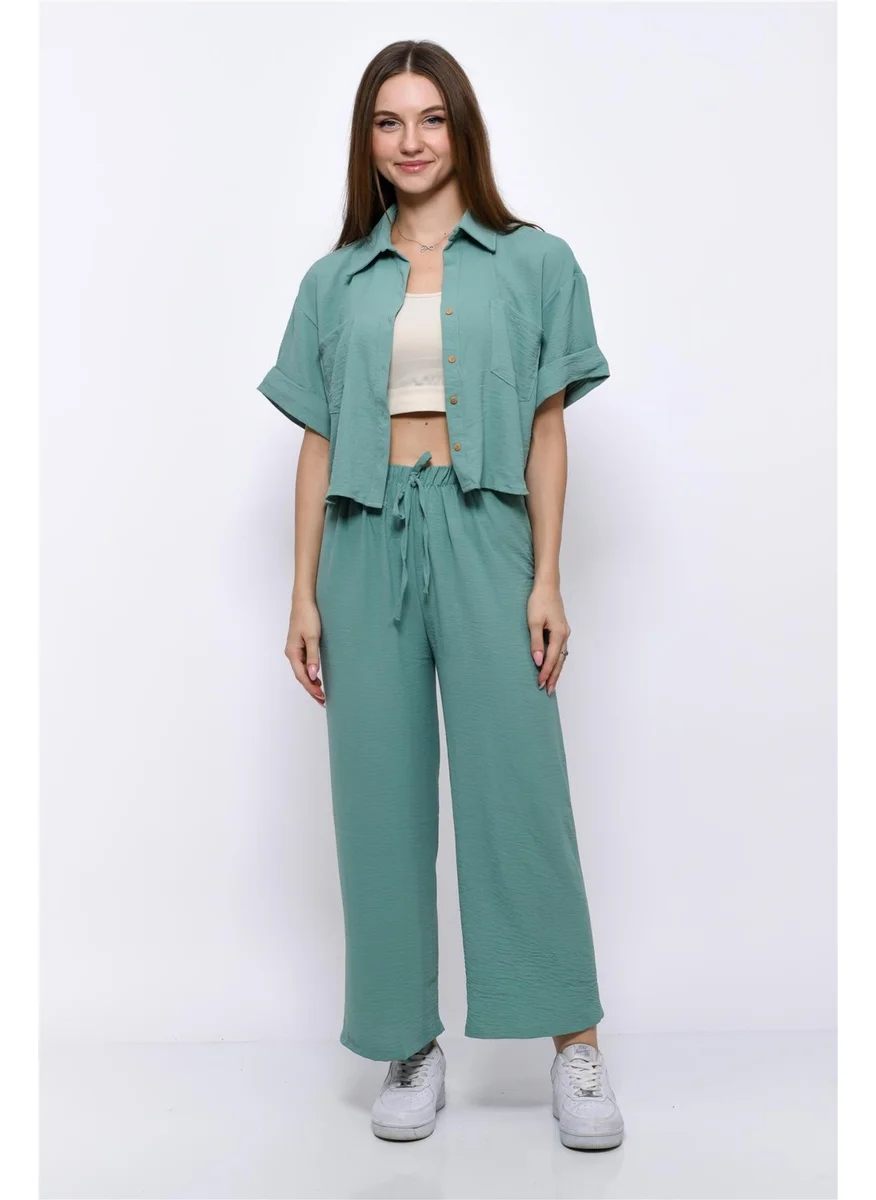 Nuseel Aerobin Crop Shirt Elastic Waist Trousers 2 Piece Set Water Green