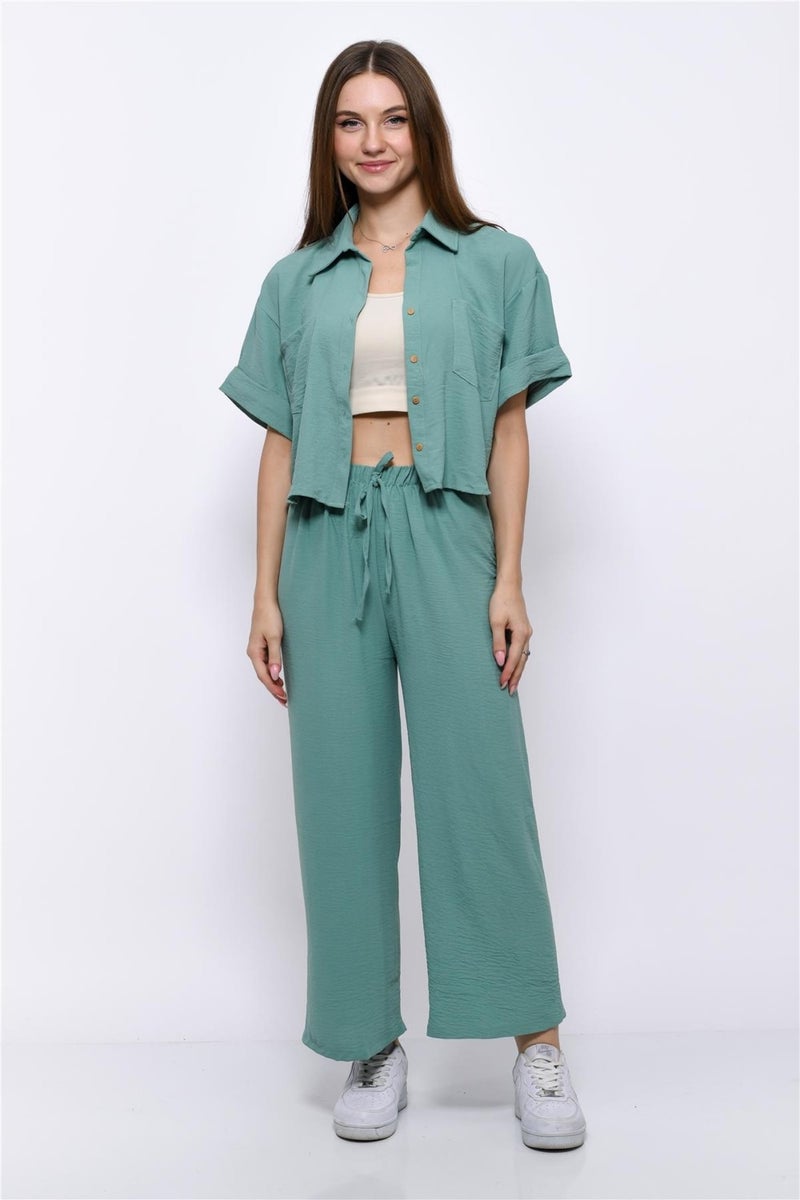 Nuseel Aerobin Crop Shirt Elastic Waist Trousers 2 Piece Set Water Green - Image 2