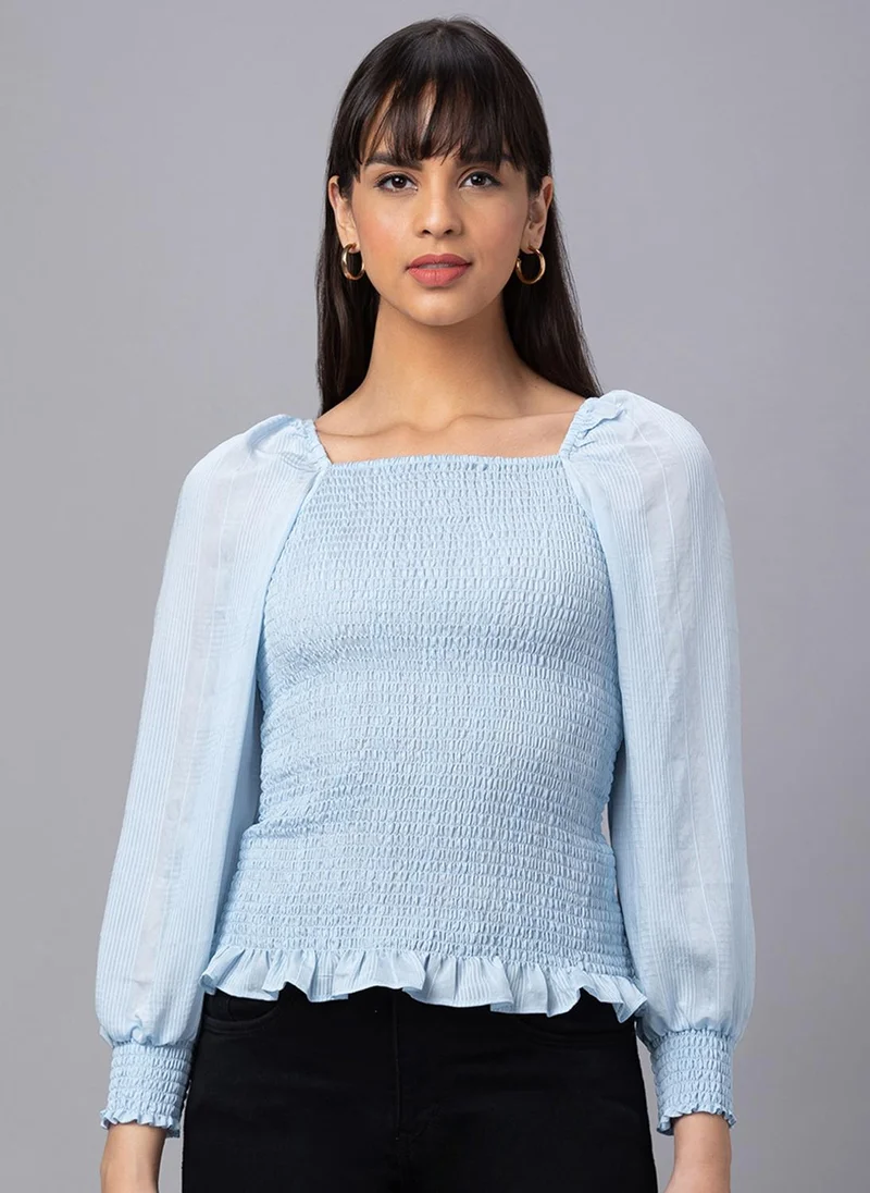 جلو باص بلوزة نسائية زرقاء بياقة مربعة وتصميم ذاتي