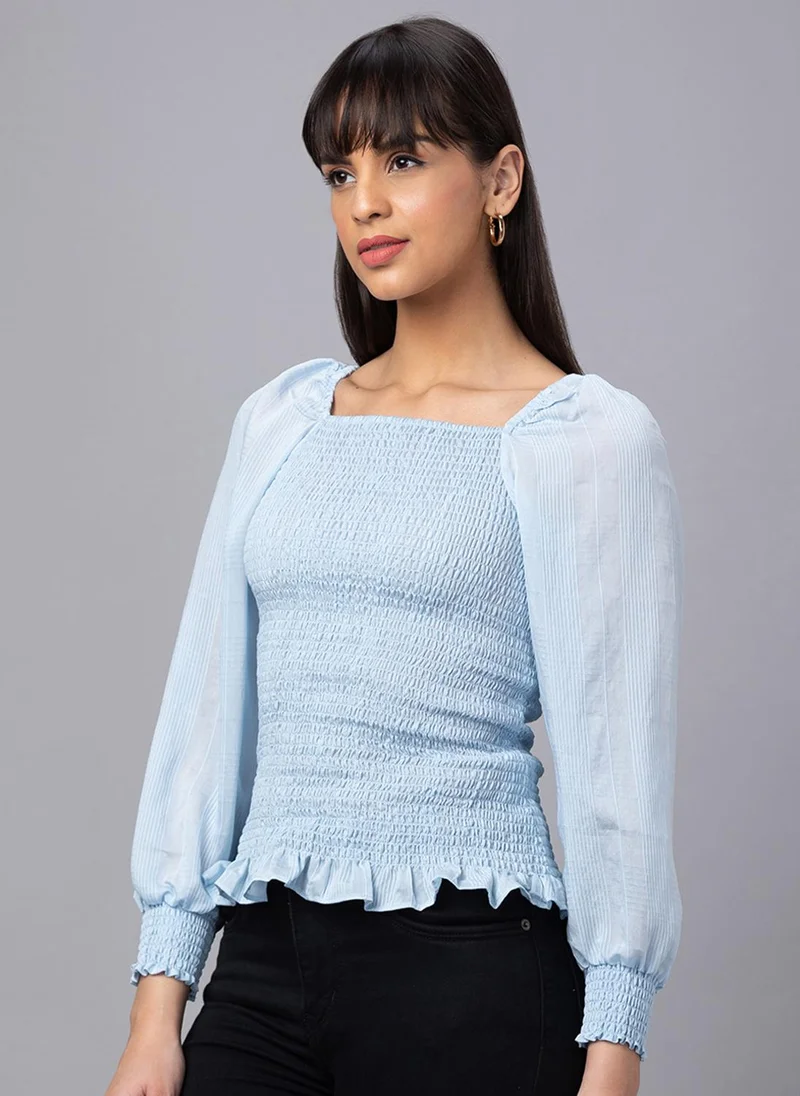 globus Globus Women Blue Self Design Square Neck Fitted Top