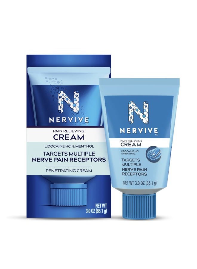 Nervive Pain Relieving Cream, Max Strength Non-Greasy Topical Pain Reliever with Lidocaine and Menthol for Toes, Feet, Fingers, Hands, Legs & Arms, 3.0oz - Image 1
