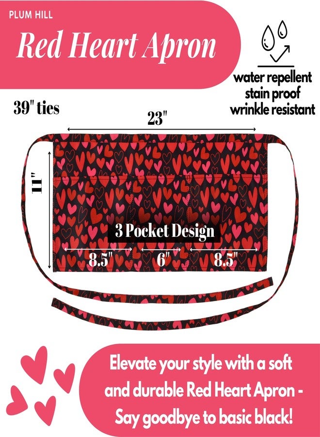 Plum Hill Red Hearts Valentine Half Waist Apron With 3 Pockets Waterproof 100% Polyester Cocktail Aprons for Waitresses Servers Bartenders Vendors - Image 5