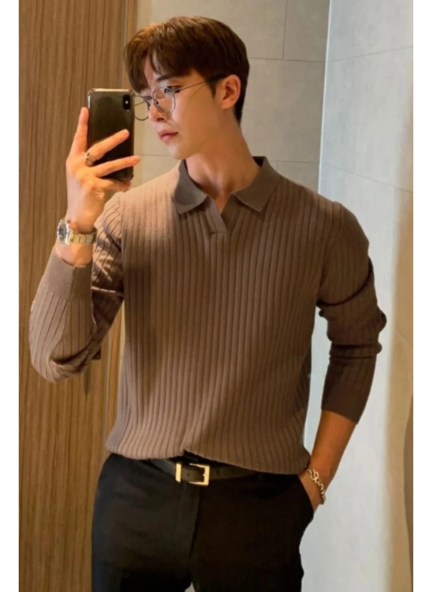 Cool Tarz Brown Men's Polo Neck Ribbed Knitwear Sweater