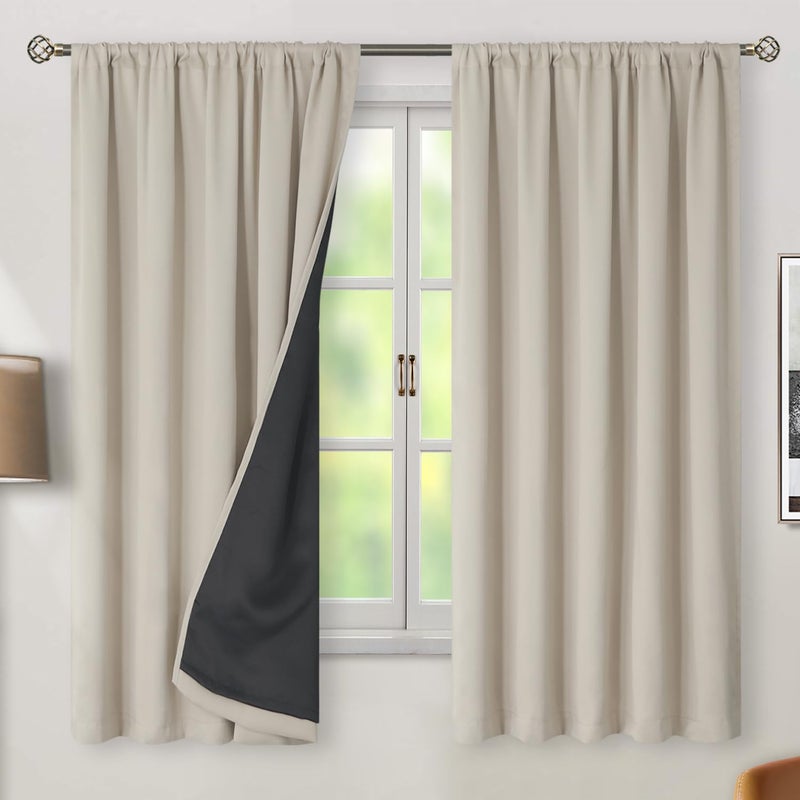 BGment Bgress 100 ٪ غرفة غامق ستائر تعتيم معزولة حرارية 63 بوصة مع جيب قضيب البطانة وعلامة التبويب الخلفية ضوضاء طبقة مزدوجة تقليل الستائر لغرفة النوم (52 × 63 بوصة 2 لوحات الطبيعية) - Image 2