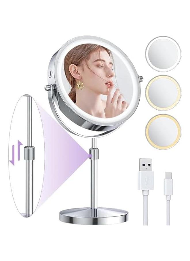 HOOKOR Makeup Mirror with 3 Colors Dimmable Light, 1X/10X Magnification LED Makeup Mirror, Height Adjustable, 8 Inch Double Sided Rechargeable Makeup Mirror, 360° Rotation Cordless  - Image 1