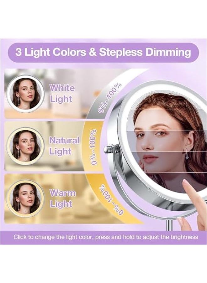 HOOKOR Makeup Mirror with 3 Colors Dimmable Light, 1X/10X Magnification LED Makeup Mirror, Height Adjustable, 8 Inch Double Sided Rechargeable Makeup Mirror, 360° Rotation Cordless  - Image 2