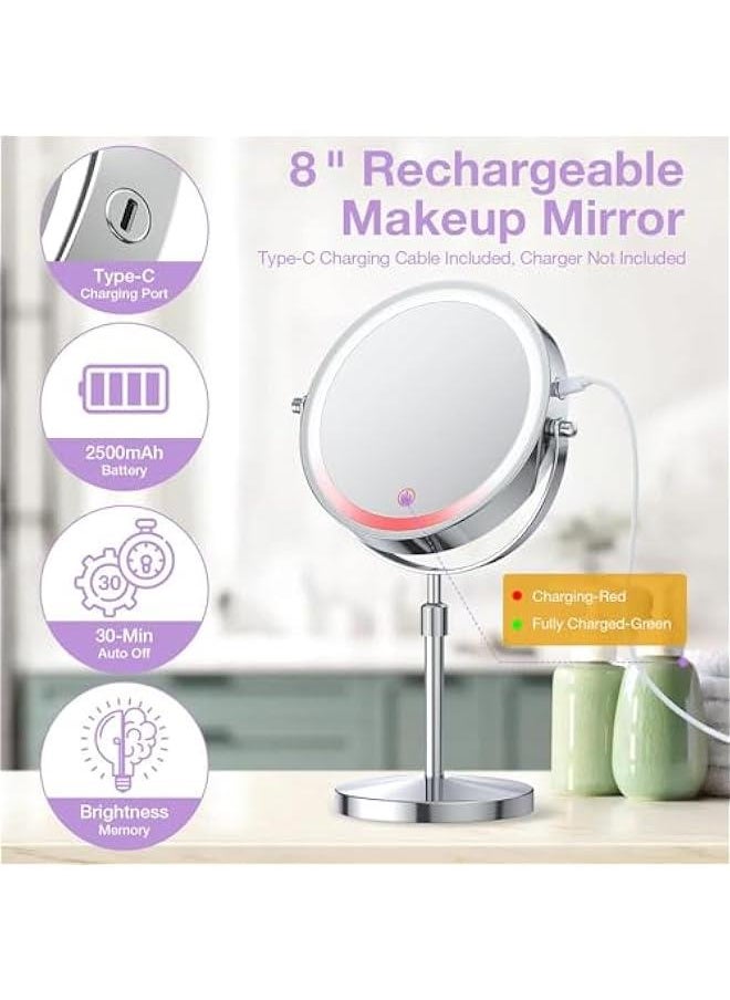HOOKOR Makeup Mirror with 3 Colors Dimmable Light, 1X/10X Magnification LED Makeup Mirror, Height Adjustable, 8 Inch Double Sided Rechargeable Makeup Mirror, 360° Rotation Cordless  - Image 3