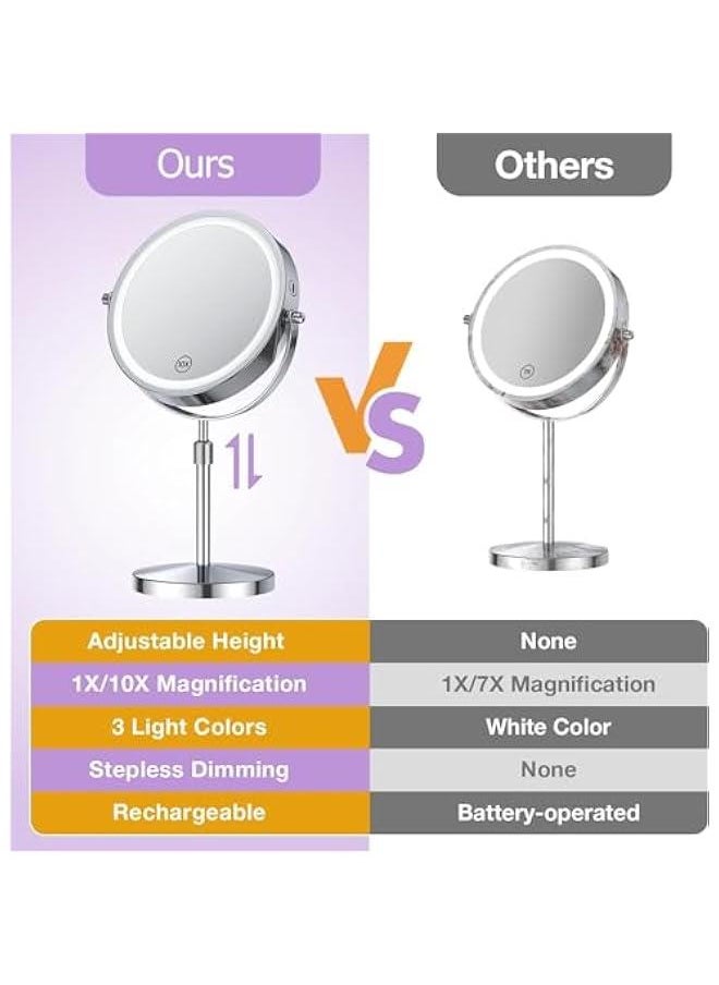 HOOKOR Makeup Mirror with 3 Colors Dimmable Light, 1X/10X Magnification LED Makeup Mirror, Height Adjustable, 8 Inch Double Sided Rechargeable Makeup Mirror, 360° Rotation Cordless  - Image 4
