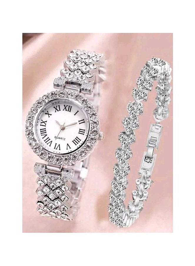 Shein 1pc Rhinestone Decor Round Pointer Watch & 1pc Bracelet - Image 1