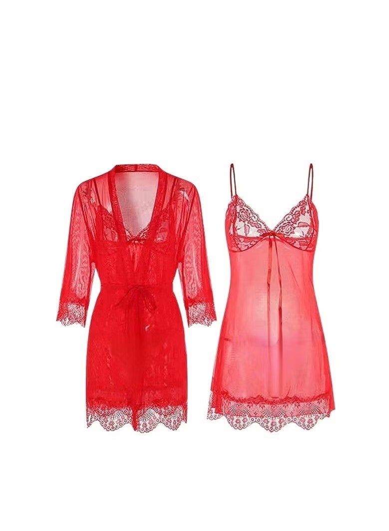 Women’s Silk Mesh Nightdress Set with Robe and Matching Panty – Elegant Sleepwear, One Size