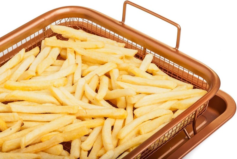 صينية نحاسية - صينية كوكيز مطلية بالسيراميك وسلة شبكية غير لاصقة - خيار صحي للقلي بالهواء بدون زيت للدجاج والبطاطس المقلية وحلقات البصل والمزيد - Image 2