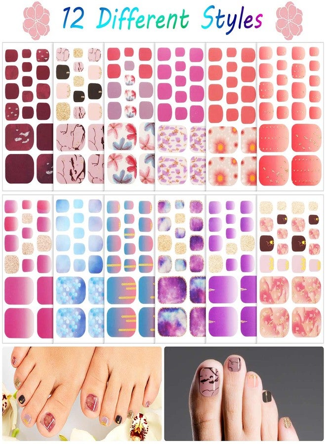 Maitys 264 Pieces 12 Sheets Toe Nail Stickers Self Adhesive Full Nail Wraps Toenail Art Polish Stickers Strips Manicure Accessories Glitter Decals with 1 PC File for Women Girls(Chic Style) - Image 2