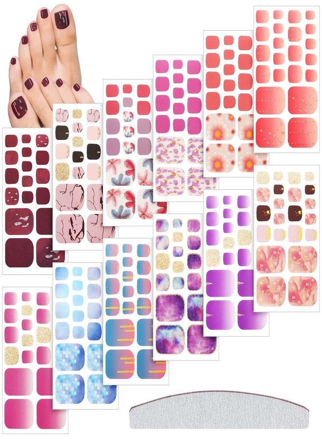 Maitys 264 Pieces 12 Sheets Toe Nail Stickers Self Adhesive Full Nail Wraps Toenail Art Polish Stickers Strips Manicure Accessories Glitter Decals with 1 PC File for Women Girls(Chic Style) - Image 1