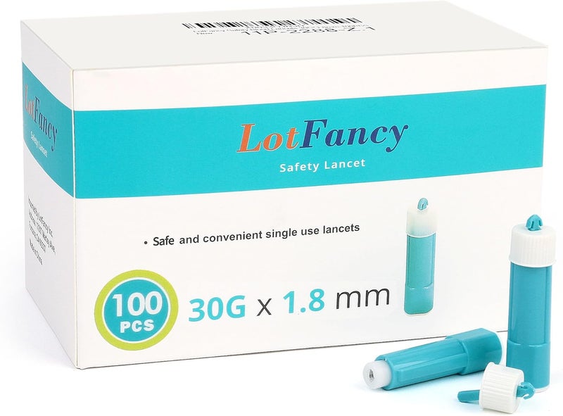 LotFancy Lancets for Diabetes Testing 30 Gauge 100 Count Safety Lancet 18mm Depth All in One Sterile Lancets for Diabetic Blood Glucose Testing Disposable Lancing Device Not Required - Image 1