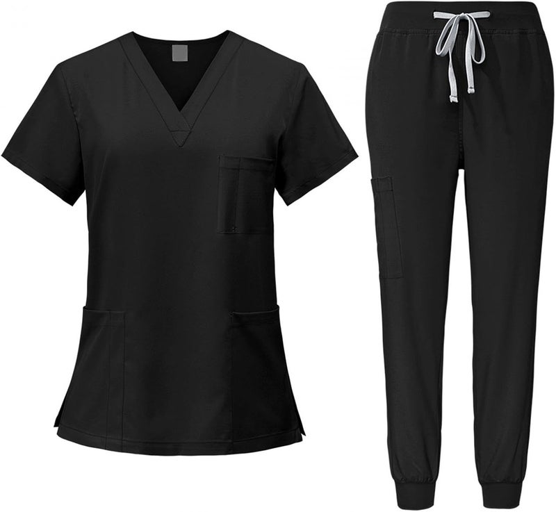 Nursing Scrubs Set Built with V Neckline Pocket Uniform Pants Machine Washable Daily Workwear Lightweight Flexible Material Suitable for, Black, S - Image 1