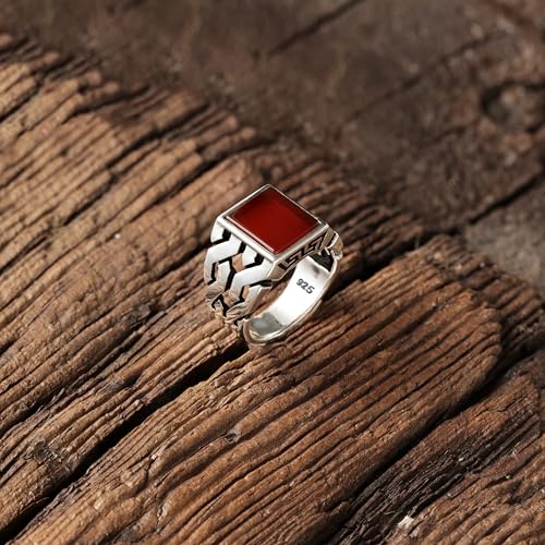 Babylon Silver Men's Red Agate Ring in Solid Genuine 925 Sterling Silver Handmade Cuban Link Chain Motif Braided Ring (Red Agate, 14) - Image 2