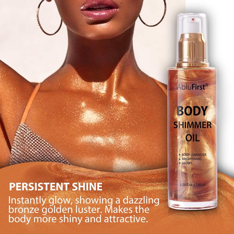 AbluFirst Shimmer Body Oil 100ml Face Glitter Summer Body Moisturizing Light Shimmering Glow Non-Sticky Party Luminizer and Illuminator Smooth (3.38 Fl Oz Pack of 1, Bronze Gold) - Image 3