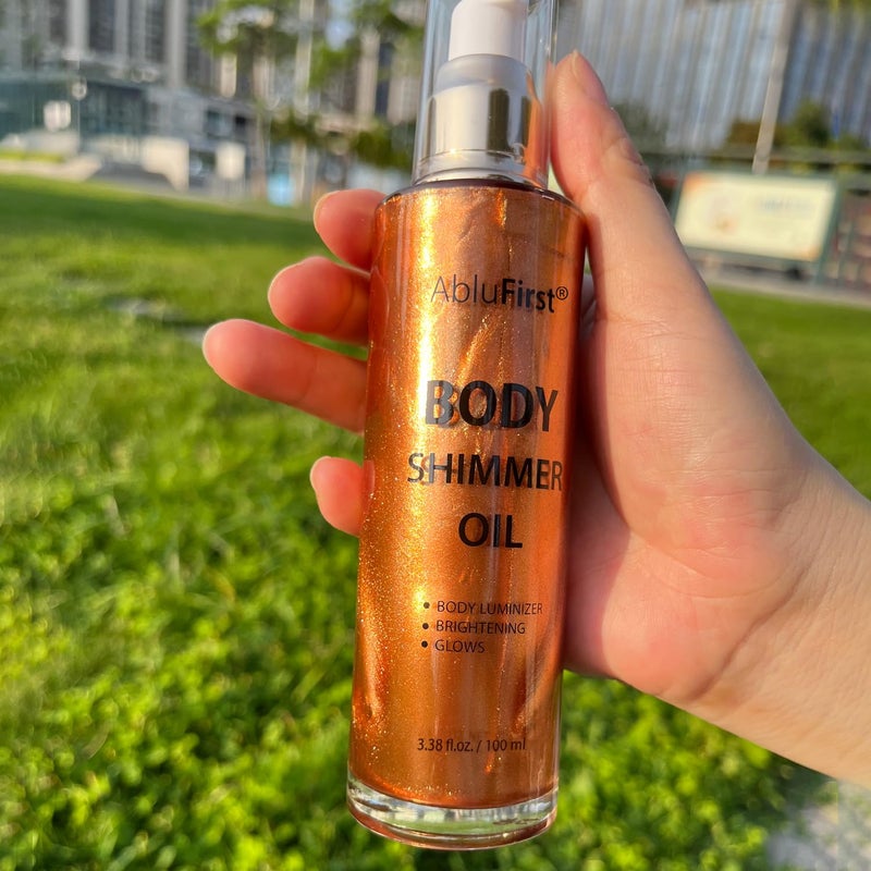 AbluFirst Shimmer Body Oil 100ml Face Glitter Summer Body Moisturizing Light Shimmering Glow Non-Sticky Party Luminizer and Illuminator Smooth (3.38 Fl Oz Pack of 1, Bronze Gold) - Image 2