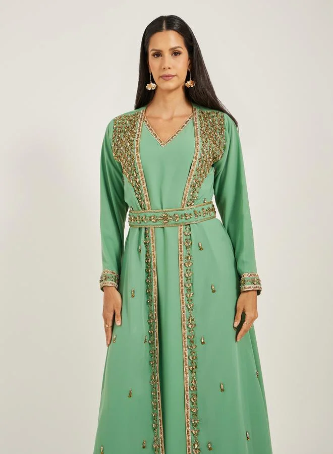 Maxim Creation Embellished Lace Detail V-Neck A-Line Jalabiya by Styli