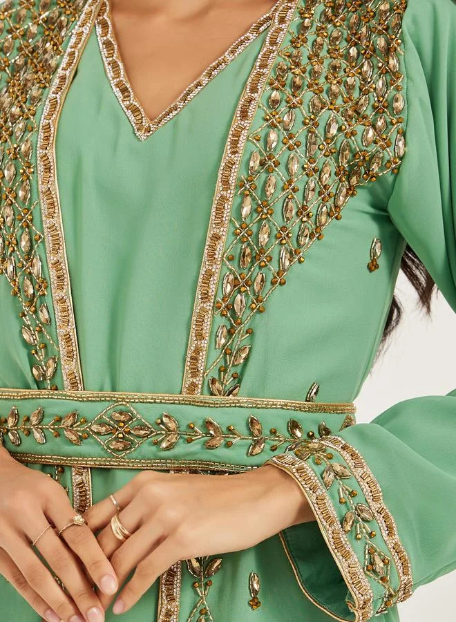 Maxim Creation Embellished Lace Detail V-Neck A-Line Jalabiya by Styli