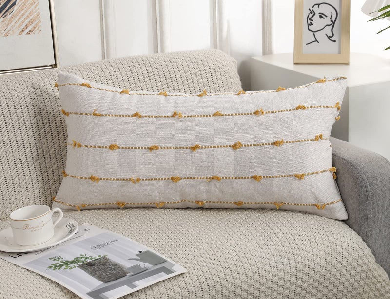 Nuyecy Boho وسادة طويلة القطني يغطي 12 × 24 صفراء نمط الشريط الكلاسيكي النمط القطن زخرفية وسادة القطن الطويلة COSTER - Image 2