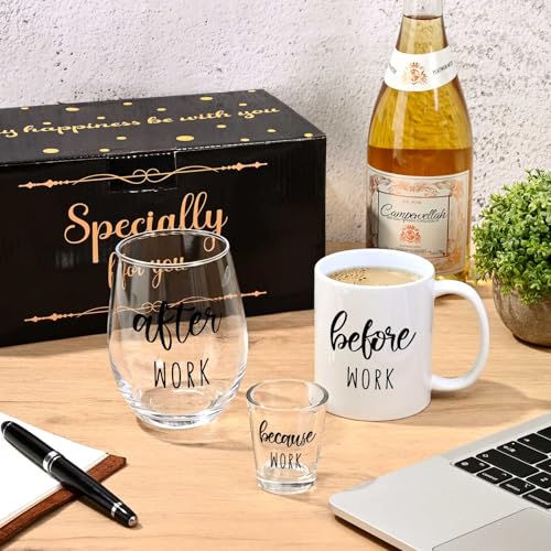 Futtumy Before Work After Work Gift Set 11oz Coffee Mug 17oz Stemless Wine Glass 2oz Shot Glass Set for Boss Coworker Manger Leader Employee, Office Gifts Bosses Day Gifts Christmas Gift for Women - Image 2