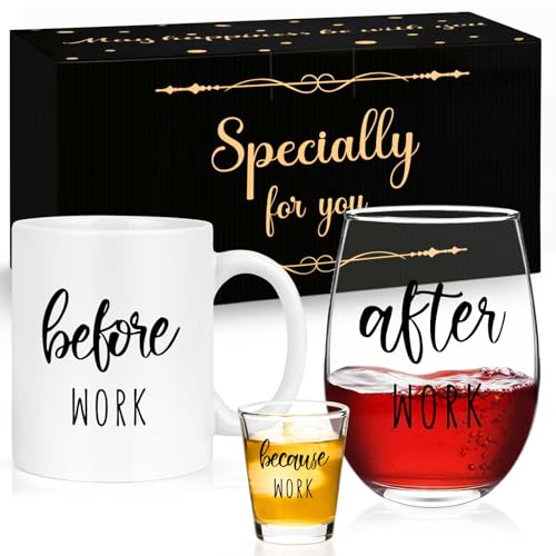 Futtumy Before Work After Work Gift Set 11oz Coffee Mug 17oz Stemless Wine Glass 2oz Shot Glass Set for Boss Coworker Manger Leader Employee, Office Gifts Bosses Day Gifts Christmas Gift for Women - Image 1