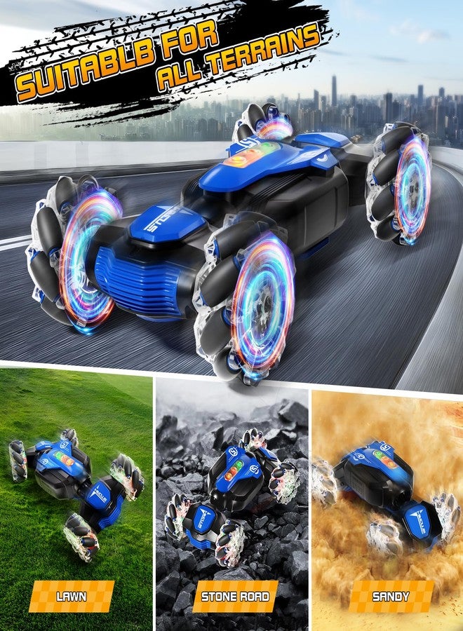 AIQI Remote Control Car - 2.4GHz 4WD Gesture Sensing RC Stunt Toy With Cool Music and Light, Double-Sided Rotating 360 Flips, Gifts for 6-12 Boys Birthday (Blue) - Image 5