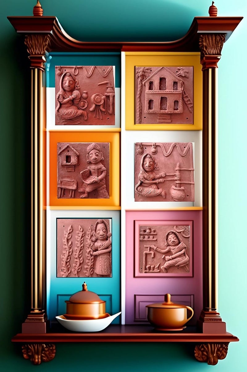RUKDA Molela Terracotta Handmade Tile of Village Life Scene 225 X 225 X 4cm House - Image 4