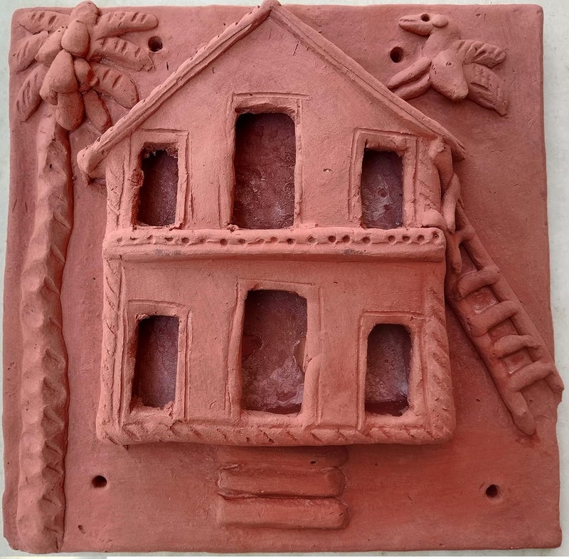 RUKDA Molela Terracotta Handmade Tile of Village Life Scene 225 X 225 X 4cm House - Image 1