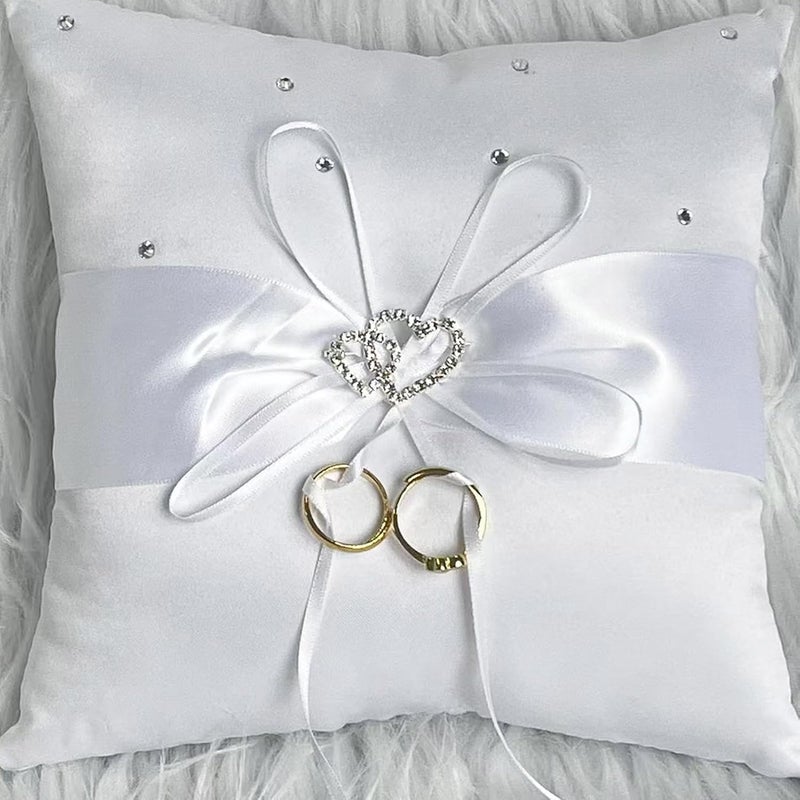 COSLANLEE Ring Bearer Pillow, White Satin with Crystal Hearts Ring Cushion, Ring Holder Box, Rhinestone Accents for Beach Wedding Ceremony Proposal Party-7.8 x7.8 '' - Image 5