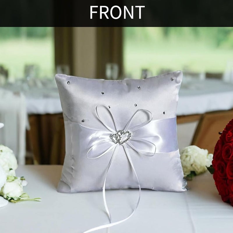 COSLANLEE Ring Bearer Pillow, White Satin with Crystal Hearts Ring Cushion, Ring Holder Box, Rhinestone Accents for Beach Wedding Ceremony Proposal Party-7.8 x7.8 '' - Image 3
