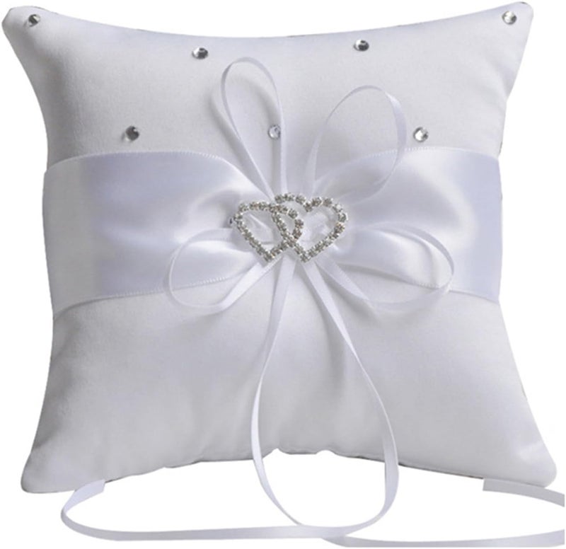 COSLANLEE Ring Bearer Pillow, White Satin with Crystal Hearts Ring Cushion, Ring Holder Box, Rhinestone Accents for Beach Wedding Ceremony Proposal Party-7.8 x7.8 '' - Image 1