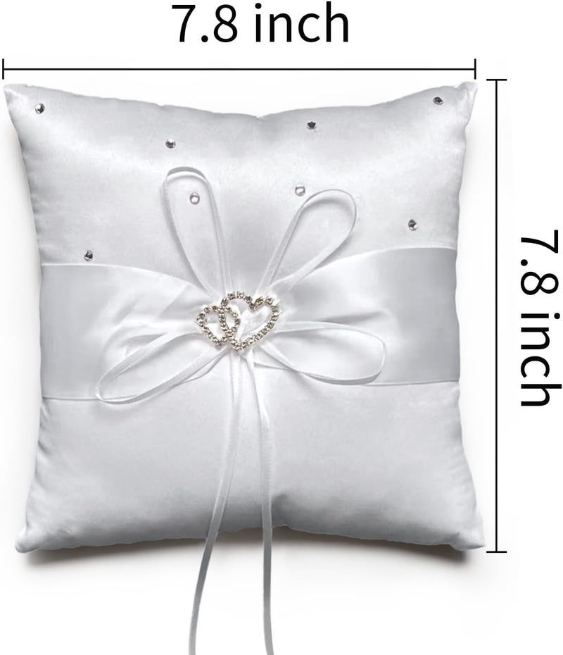 COSLANLEE Ring Bearer Pillow, White Satin with Crystal Hearts Ring Cushion, Ring Holder Box, Rhinestone Accents for Beach Wedding Ceremony Proposal Party-7.8 x7.8 '' - Image 2