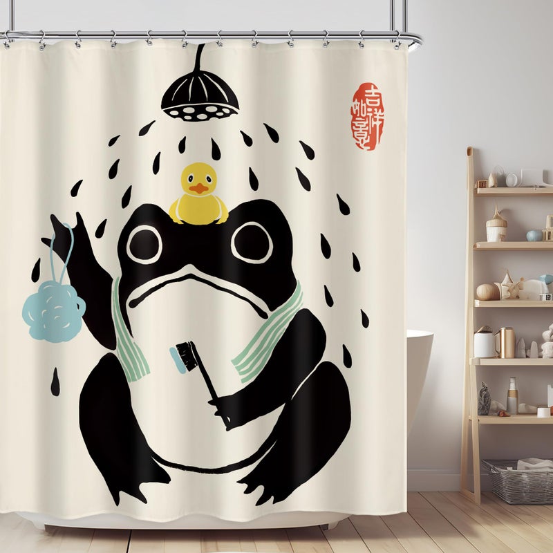 LGhtyro Funny Frog Shower Curtain Bathroom Set 60Wx71H Inches Asian Style Traditional Japanese Art Rubber Duck Cute Animal Bath Accessories Retro Black Beige Art Home Decor Fabric 12 Pack Hooks - Image 1