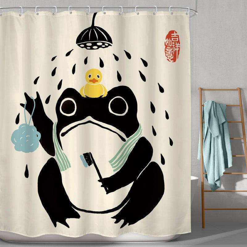 LGhtyro Funny Frog Shower Curtain Bathroom Set 60Wx71H Inches Asian Style Traditional Japanese Art Rubber Duck Cute Animal Bath Accessories Retro Black Beige Art Home Decor Fabric 12 Pack Hooks - Image 2