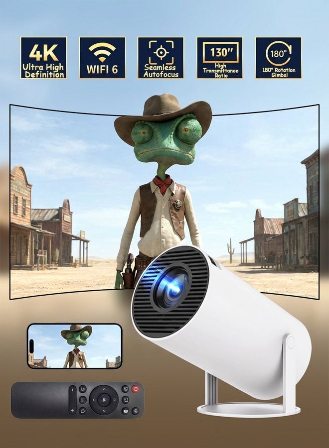 جهاز عرض ذكي محمول مع واي فاي 6 ونظام أندرويد 11.0، حامل قابل للدوران 180 درجة، يدعم دقة 4K، شاشة عرض سينمائية منزلية 130 بوصة للهاتف والأفلام والألعاب - أبيض - Image 1