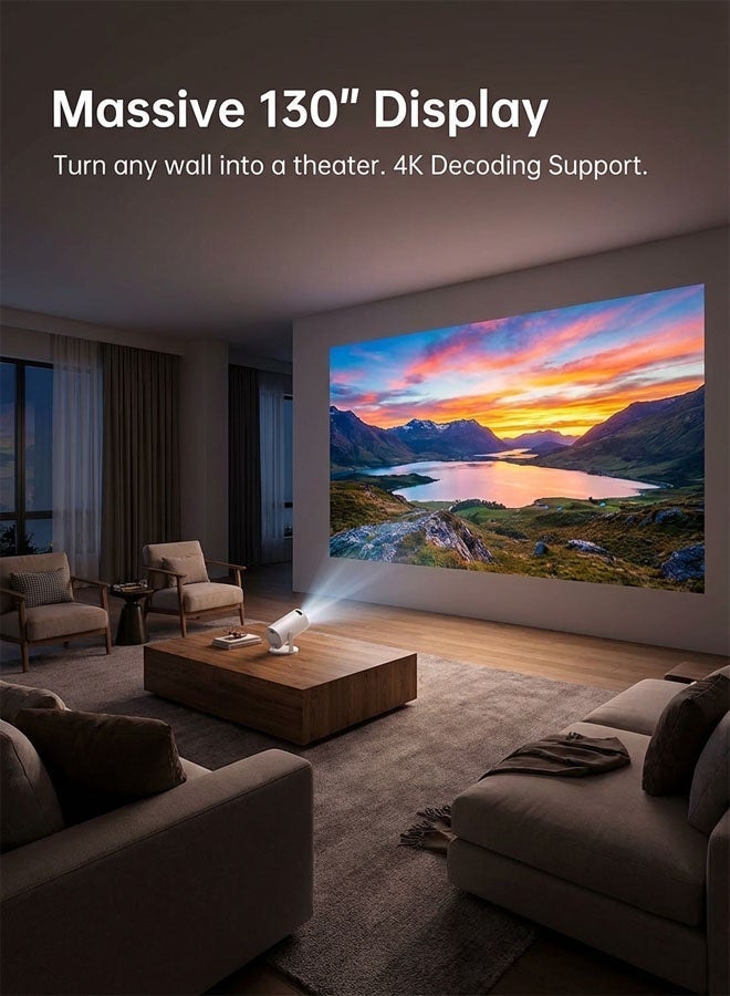 جهاز عرض ذكي محمول مع واي فاي 6 ونظام أندرويد 11.0، حامل قابل للدوران 180 درجة، يدعم دقة 4K، شاشة عرض سينمائية منزلية 130 بوصة للهاتف والأفلام والألعاب - أبيض - Image 3