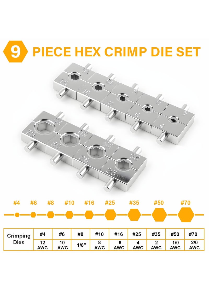 أداة كبس هيدروليكية مع 9 أزواج من القوالب، من 12 إلى 2/0 AWG، أداة كبس هيدروليكية لطرفيات كابلات البطارية والأسلاك، تجعل عملية الكبس أسهل - Image 3