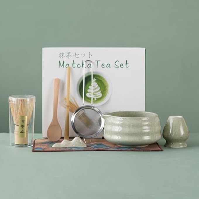 8 Pcs Matcha Whisk Set 21 Oz Matcha Green WavePatterned Bowl With Spout Natural Matcha Whisks Kit Gift For Matcha Lovers Beginner