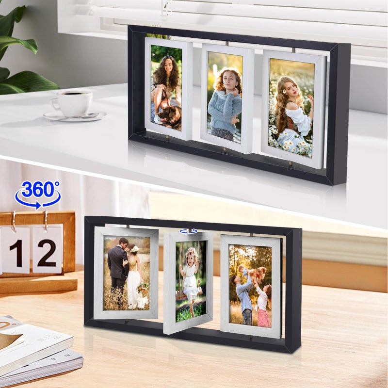 ZEEYUAN 4x6 Desk Picture Frame Rotating Double-Sided Picture Frame, 4x6 Tabletop Wooden Collage Family Pictures Frame for Office Desktop Home Decor, Holds 6 Photos, Black - Image 2