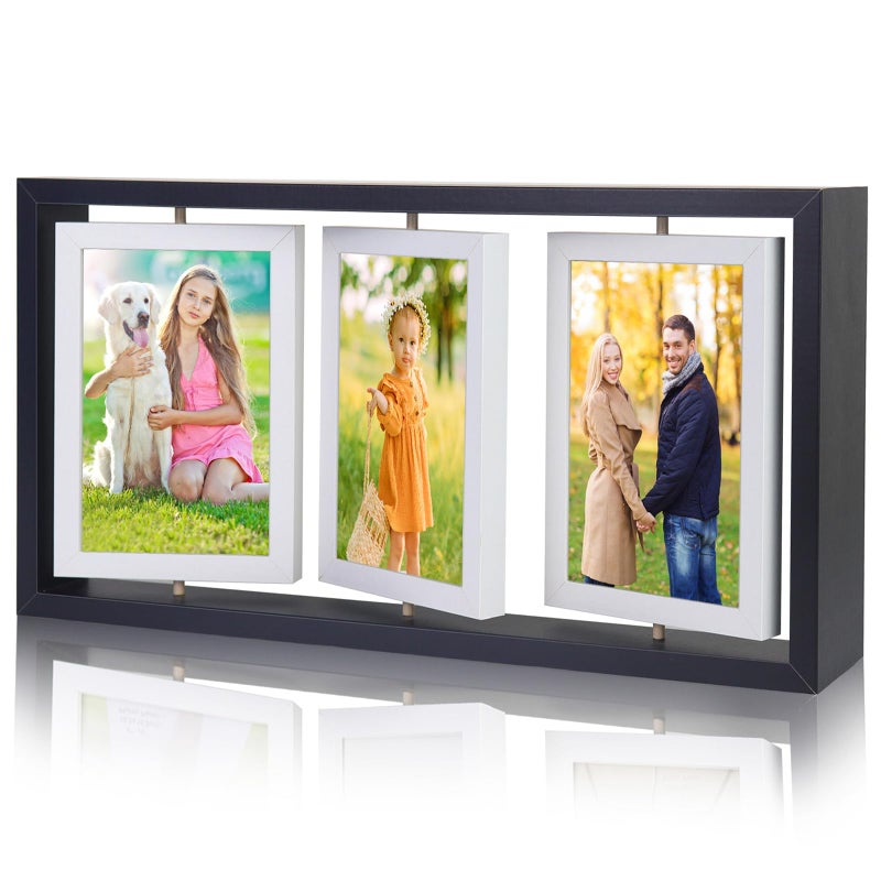 ZEEYUAN 4x6 Desk Picture Frame Rotating Double-Sided Picture Frame, 4x6 Tabletop Wooden Collage Family Pictures Frame for Office Desktop Home Decor, Holds 6 Photos, Black - Image 1