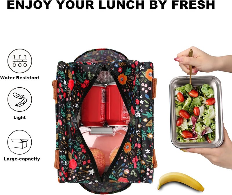 Joymee Lunch Bag Women Insulated Lunch Box Reusable Leakproof Large Spacious Cooler Tote for Womens Mens Adults with Bottle Holder and Side Pockets for Work Office Travel Picnic - Multi-Floral - Image 3