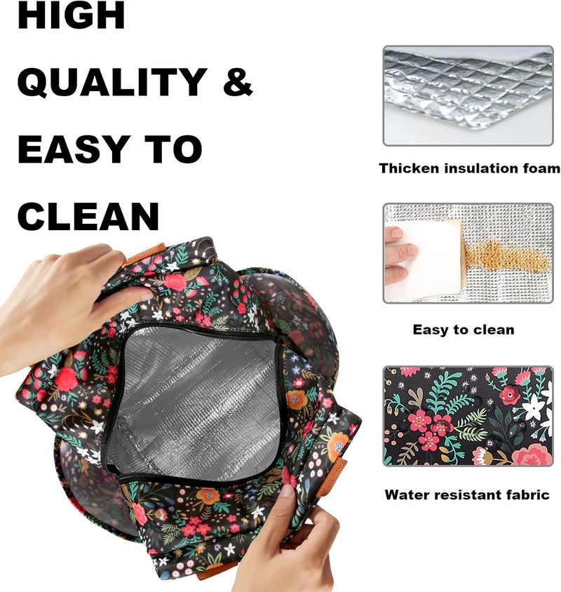 Joymee Lunch Bag Women Insulated Lunch Box Reusable Leakproof Large Spacious Cooler Tote for Womens Mens Adults with Bottle Holder and Side Pockets for Work Office Travel Picnic - Multi-Floral - Image 4