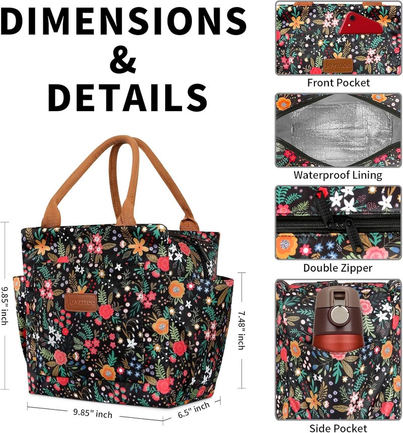 Joymee Lunch Bag Women Insulated Lunch Box Reusable Leakproof Large Spacious Cooler Tote for Womens Mens Adults with Bottle Holder and Side Pockets for Work Office Travel Picnic - Multi-Floral - Image 2